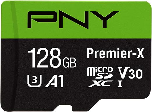 PNY Cartão de memória Flash 128 GB Premier-X Class 10 U3 V30 microSDXC - 100 MB/s, Classe 10, U3, V30, A1, 4K UHD, Full HD, UHS-I, micro SD