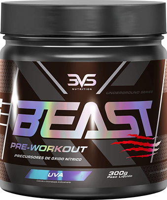 Pré-Treino Beast 300g - 3VS Nutrition - Ultra concentrado - Promove vasodilatação, recuperação energética, aumento de óxido nítrico, desintoxicação e melhora de concentração e foco (Uva)