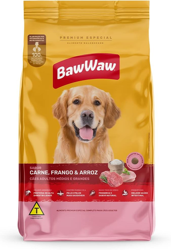 Ração Baw Waw para cães adultos médios e grandes sabor Carne, Frango e Arroz - 10.1kg