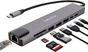 USB C Hub, Cabos & Plugs USB-C para HDMI 4k RJ45 Ethernet Carregamento PD Charger via porta USB C, 2 portas USB 3.0 e leitor de cartões SD/TF, compátivel com Macbook, tablets, celulares