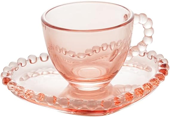 Wolff Coração Pearl Conjunto de Xícaras para Café com Pires de Cristal 4 Peças, Rosa, 85 ml