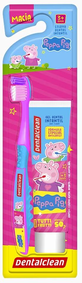 Creme Dental Infantil Peppa Pig 50g - Sabor Tutti Frutti + Escova de Dentes com cerdas Macias, Dentalclean