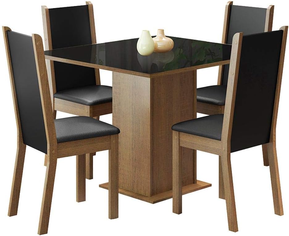 Conjunto Sala de Jantar Madesa Moscou Plus Mesa Tampo de Vidro com 4 Cadeiras - Rustic/Preto/Sintético Preto