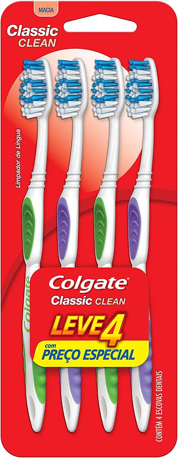 Escova de Dente Colgate Classic Clean Macia 4 unidades | Cores Sortidas