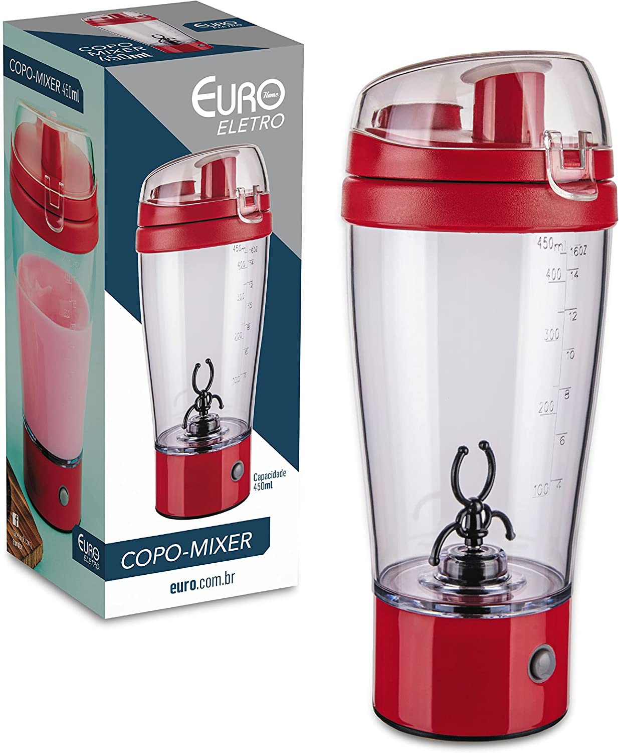 Euro Home MIX6552-VM - Mixer Shake à Pilha com Copo, Vermelho