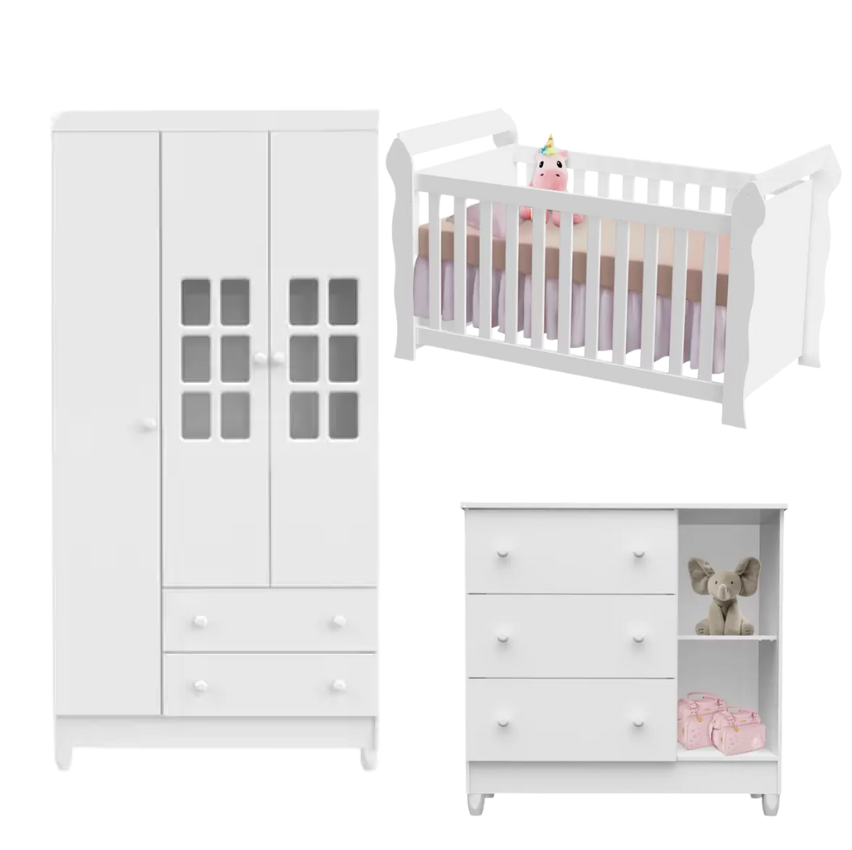 Quarto de Bebê Completo com Berço + Guarda Roupa - e Cômoda Carolina Baby Maria