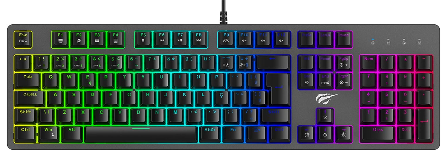 Teclado Mecânico LED RGB, Havit, KB492L, Abnt2, Switch Outemu Brown, Teclas Double Shot, Anti-Ghosting