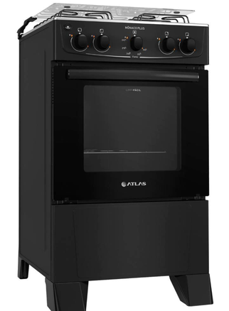 Fogão 4 bocas Atlas Mônaco Plus Preto com Acendimento Automático e Mesa Inox