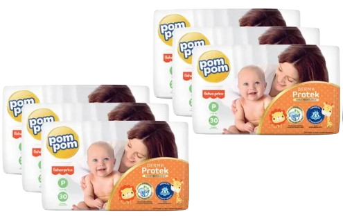 Kit Fralda Pom Pom Fisher-Price Derma Protek - Tam. P 3 a 6kg 6 Pacotes com 30 Unidades Cada