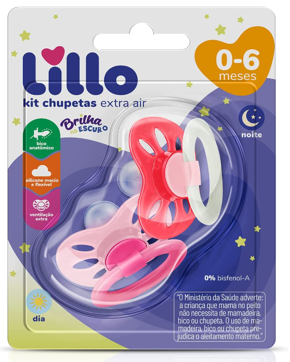 Kit de Chupeta Anatômica Extra Air Dia e Noite 0 a 6 Meses Lillo - Rosa