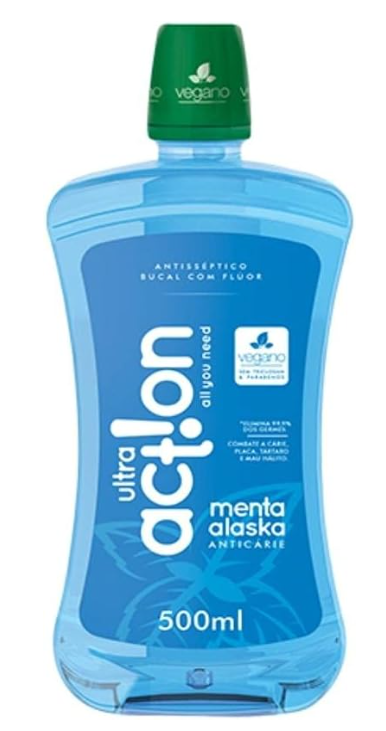 Enxaguante Bucal Menta Alaska, sem Triclosan, sem Parabeno, Previne Contra a Cárie, Hálito Saudável, Produto Vegano, Ultra Action, 500 Ml