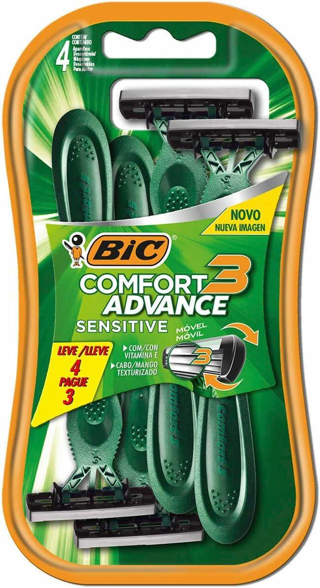 Aparelho de Barbear BIC Comfort 3 Advance, Pele Sensível, Verde, c/ Fita Lubrificante, 9298501, Embalagem Leve 4 Pague 3