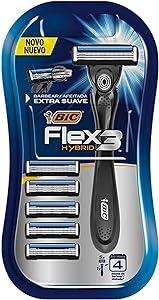 Aparelho de Barbear BIC Flex3 Hybrid, 3 Lâminas, Extra Suave + 5 Cargas, 968722, 1 unidade, Corpo Ergonômico, BIC