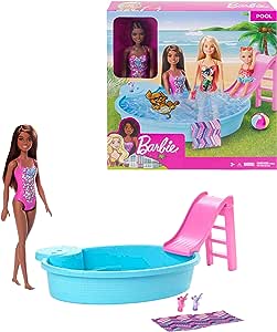 Barbie Conjunto de Brinquedo Maiô Rosa e Piscina para crianças a partir de 3 anos