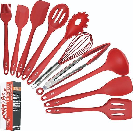 Conjunto Kit Utensílios De Cozinha Silicone Inox - Jogo de Utensilio 10 peças LUMAI (Vermelho)