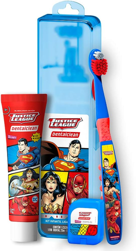 Creme Dental 50G + Escova de Dente Ultramacia + Fio Dental 25M + Estojo Para Viagem Personalizados com os Heróis da Liga da Justiça, Dentalclean