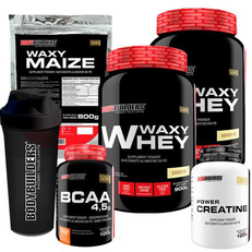 KIT 2x Whey Protein Waxy Whey Pote 900g + BCAA 4,5 100g + POWER Creatina 100g + Waxy Maize 800g + Shakeira - Ganho de Massa Muscular - Bodybuilders