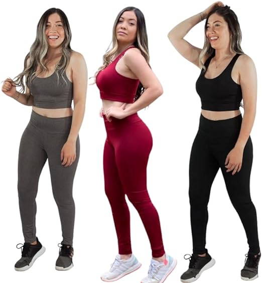 Kit 3 Conjuntos Fitness Feminino Calça Legging e Top Nadador Roupas Femininas Para Academia Suplex