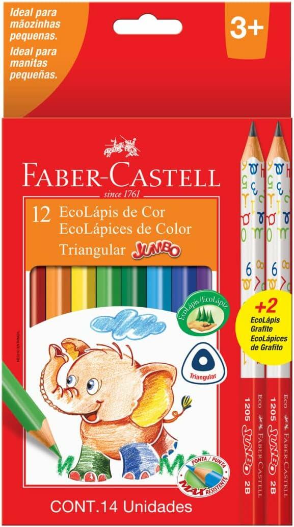 Lápis de Cor Ecolápis Triangular Jumbo 12 Cores + 2 Lápis Jumbo 2B, Faber-Castell