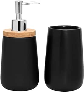 Mimo Style Conjunto de Banheiro Black 2 Peças, Acompanha Porta Sabonete Líquido 380ml e Porta Escova, Kit Funcional, Material de Cerâmica e Detalhe em Bambu