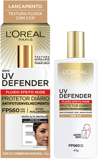 Protetor Solar Facial L'Oréal Paris UV Defender Fluido FPS 60 Cor Média 3.0, 40g