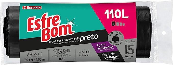 Saco para Lixo Preto, Rolo com 15 sacos de 110 Litros, Esfrebom., EsfreBom, Preto