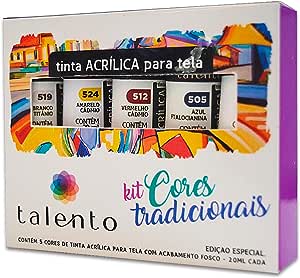 Tinta Acrílica Talento 5 Cores 20 ml, Cores Tradicionais