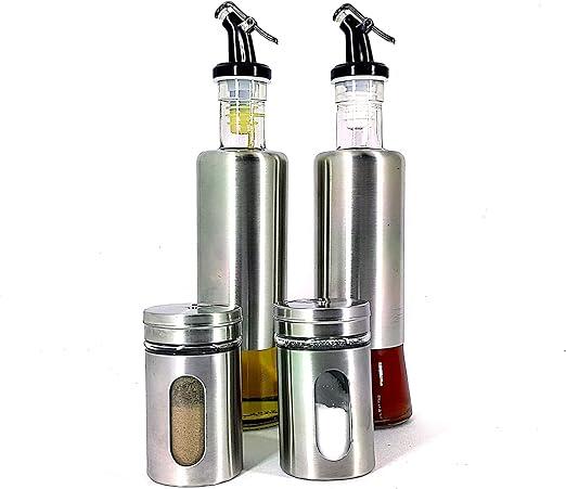 2 Porta Azeite e Vinagre + 2 Saleiro e Pimenteiro Aco Inox - Kit 4 Pcs