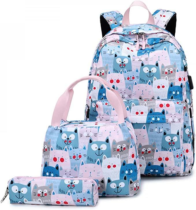 LuckyWin kit mochila escolar infantil menina mochila feminina grande impermeável lancheira termica feminina estojo pequeno conjunto de três peças Carregamento USB