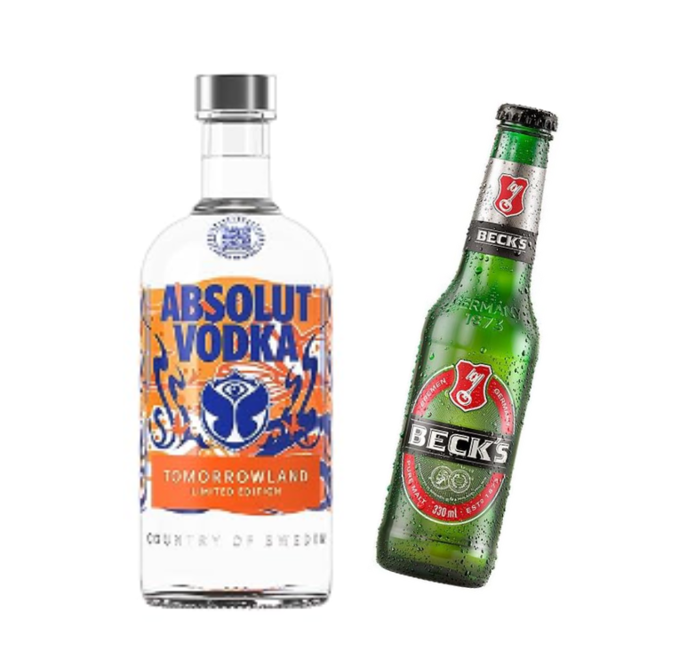 Vodka Absolut Tomorrowland 700 ml + 6 Cervejas Becks, malte puro, 330 ml, pescoço comprido