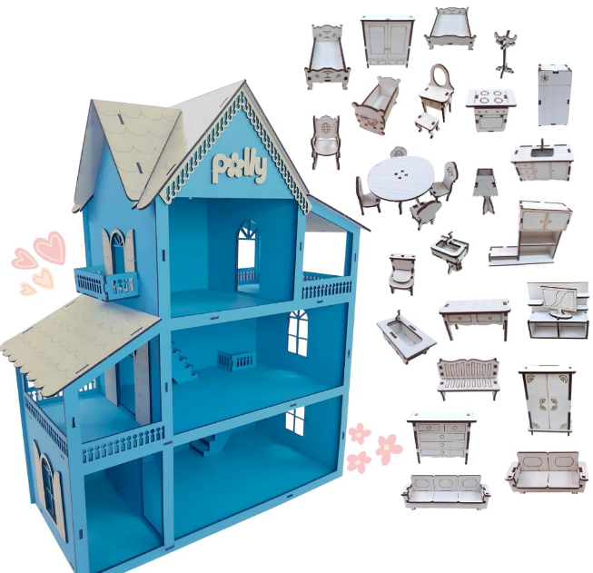 Casa de Bonecas Casinha mdf 60cm com 30 Mini Moveis - Cor Azul Frozen