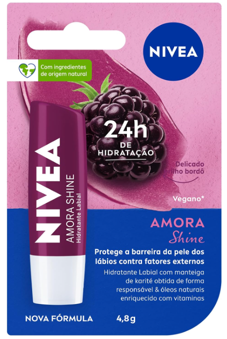 NIVEA Hidratante Labial Amora Shine 4,8 g - Cuidado intensivo para seus lábios, hidratação prolongada, delicioso aroma de amora, pigmentos brilhantes e cor delicada