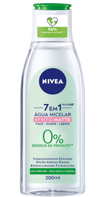 NIVEA Água Micelar Solução de Limpeza Facial 7 em 1 Efeito Matte 200ml - Fórmula poderosa com efeito matte que oferece 7 benefícios: limpa, hidrata, suaviza, tonifica, demaquila, acalma e refresca
