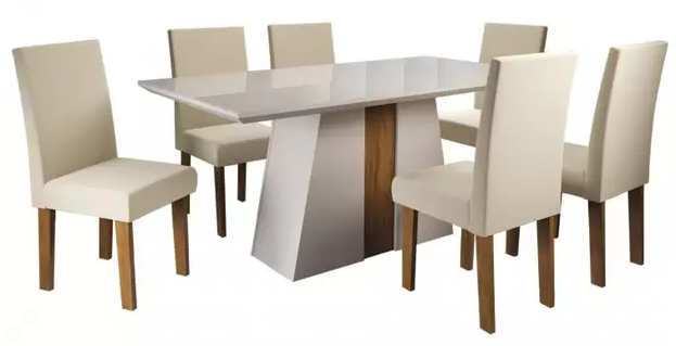 Mesa de Jantar 6 Cadeiras Retangular Off White Imbuia e Pastel Tampo de MDF com Vidro Viero Roma