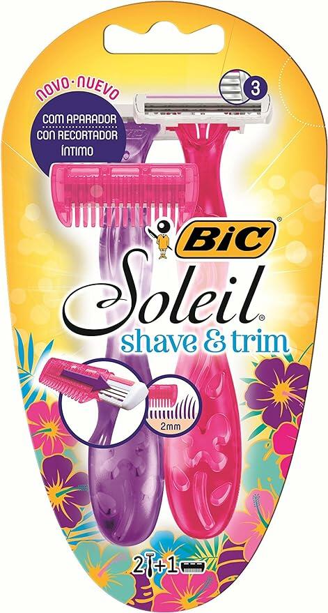 Aparelho de Depilação BIC Soleil Shave & Trim, 3 Lâminas, Rosa e Roxo, 930184, 2 unidades + Aparador de pelos, BIC, Rosa/Roxo, pacote de 2