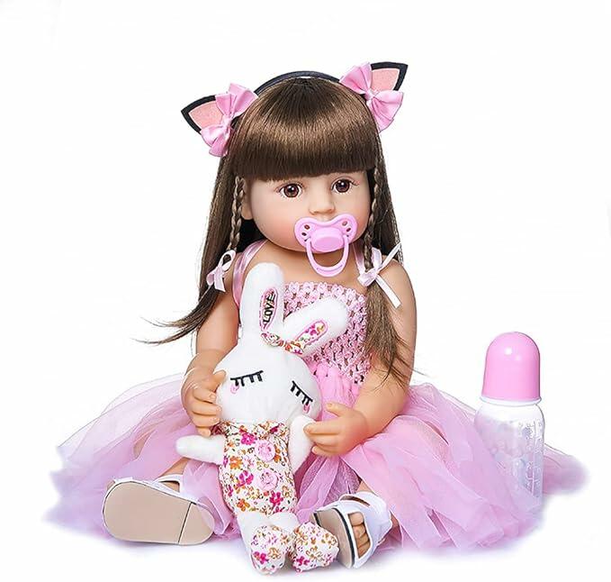 Brastoy Bebe Reborn Boneca Silicone Original Realista Menina Princesa 55CM (Rosa)