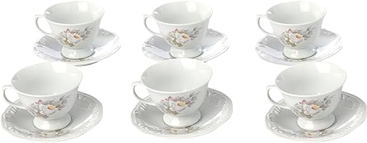 Estojo com 6 Xícaras de de Chá com Pires com Pé. Modelo Redondo com Relevo Pomerode. Decoração Eterna. Fabricado pela Porcelana Schmidt.