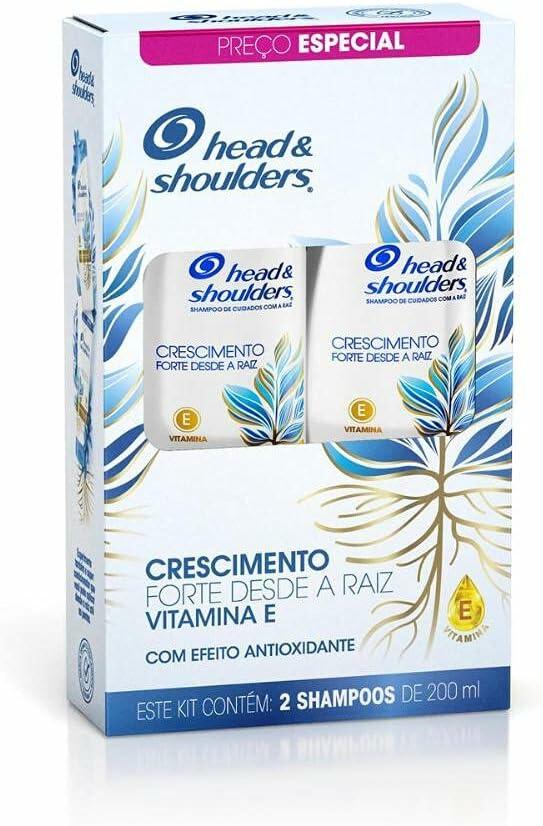 Head & Shoulders - Embalagem Shampoo para Crescimento de Cabelo, Shampoo para Crescimento Capilar, Anticaspa, Controle de Caspa, com Vitamina E, Pack com 2, 200 ml cada uma​