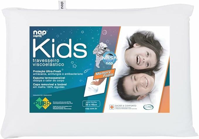 Travesseiro Nasa Kids Viscoelástico D28 - Antiácaro - Branco - capa 100% algodão - Nap