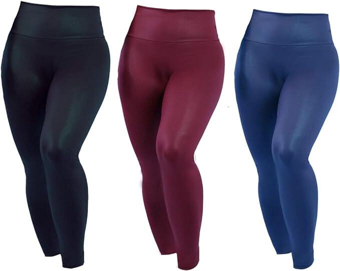 Kit 3 Legging Cirre Cintura Alta Brilho Molhado Imita Couro Lycra