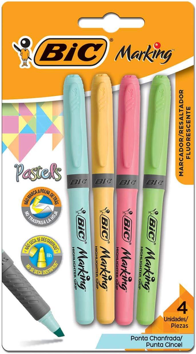 Pincel Marcador de Texto Cores Pastel BIC Marking, Ponta Chanfrada, Grip, 1.5 - 3.5mm, 970913, 4 Cores