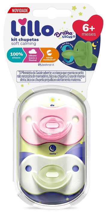 Kit De Chupeta 100% Silicone Calming Brilha No Escuro Bico Simétrico 6+ Meses Lillo - Rosa