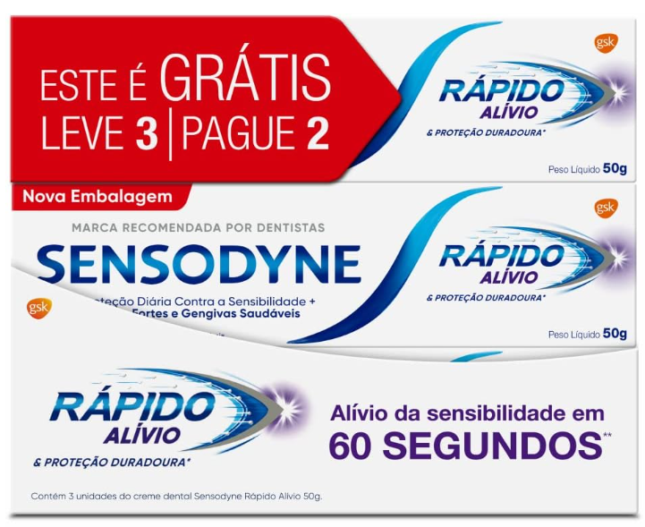 Sensodyne Creme Dental Rápido Alívio E Proteção Duradoura Para Dentes E Gengivais Sensíveis, Leve 3 Unidades E Pague 2, 50g Cada