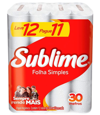 Papel Higiênico Sublime Folha Simples Neutro, Branco, 12 rolos