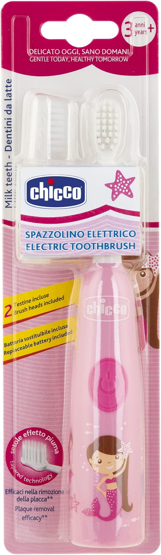 Chicco - Escova de dentes elétrica para crianças com vibração leve, cerdas suaves, aderência ergonómica, cabeça de substituição e capuz, escova de dentes para crianças com mais de 3 anos, rosa