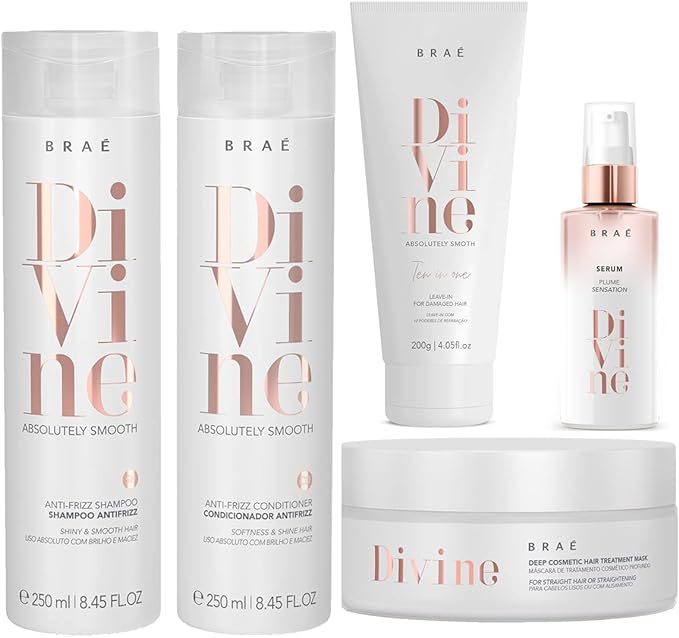 kit Braé Divine Anti Frizz Shampoo + Condicionador 250ml + Máscara Hidratação 200g + Sérum 60ml + Leave-In 10 em 1-200g