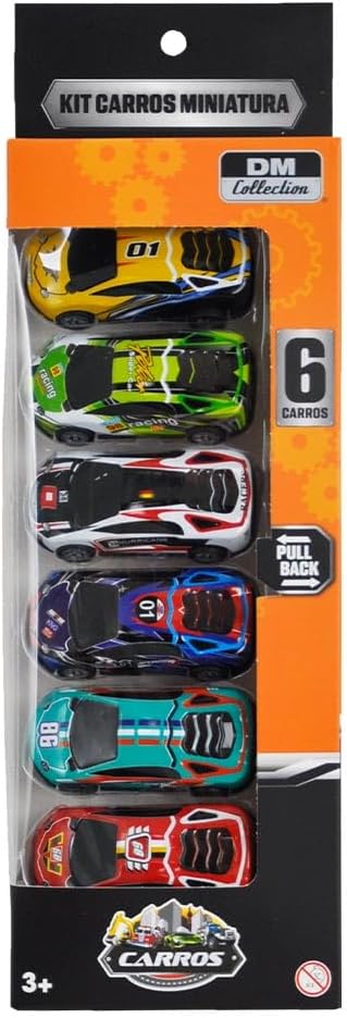 Kit com 6 Mini Carrinhos Sport Pull Back Metal 7,5cm DM Collection