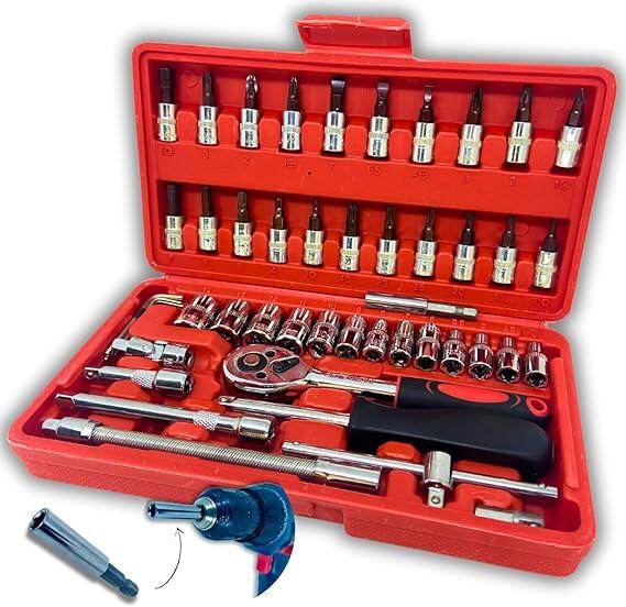 Kit Jogo De Chaves Catraca Reversível E Soquetes Marca MKS 47 Peças Com 46 Peças No Kit + 1 Extensor Porta Bit Magnético Para Parafusadeira Com Maleta Premium