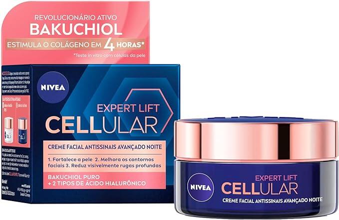 NIVEA Creme Facial Antissinais Cellular Lift Noite 50ml - Creme facial antissinais com bakuchiol puro, ativo revolucionário estimula a produção de colágeno e promove Regeneração Celular Noturna