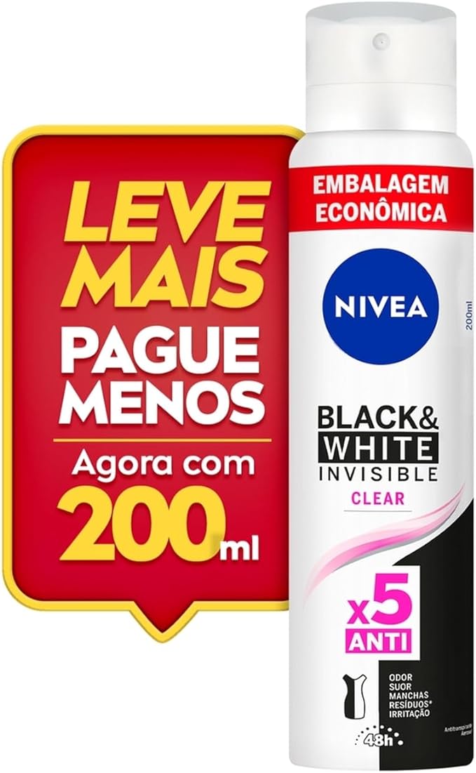 NIVEA Desodorante Antitranspirante Aerossol Invisible Black & White Clear 200ml - Proteção eficaz de 48 horas contra suor e mau odor, elimina 99,9% das bactérias e evita manchas em roupas